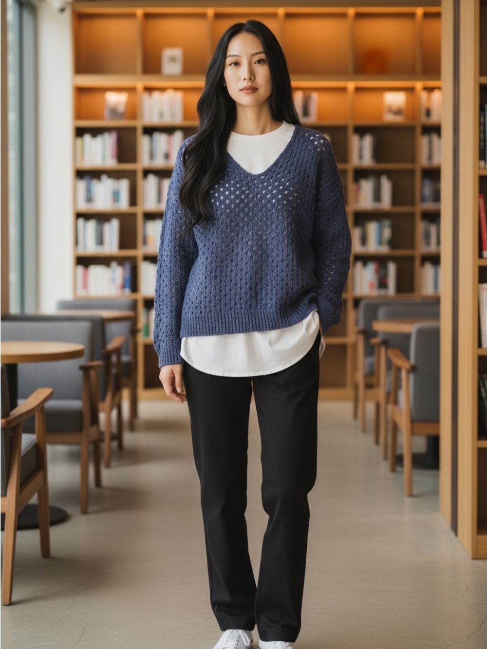 Sumi Openwork V-Neck Sweater in Slate Blue